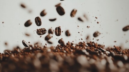 A wide shot of coffee beans falling, scattered in random directions, captured with a soft focus on a white background.