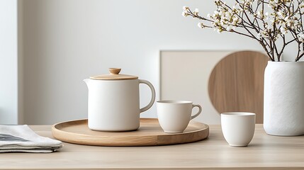 Pot with cups, wood tray in a room, for serving