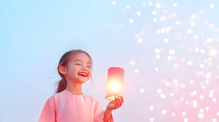 Happy girl holding a glowing lantern against a bokeh background.