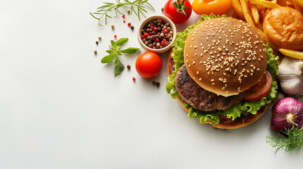  fresh burger with lettuce, tomato, and sesame bun served with fries, herbs, and spices, ideal for fast food, restaurant menus, or food advertising. Copy space