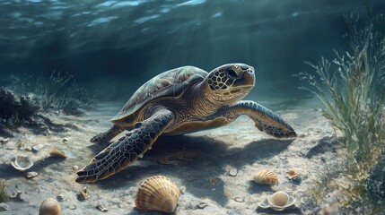Obraz premium An elegant image of a sea turtle moving slowly across a sandy seabed, surrounded by a few scattered seashells and marine vegetation.