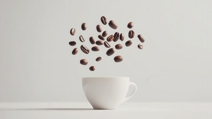 Obraz premium Falling coffee beans mid-flight towards a white cup, frozen in motion on a simple white background for a clean, modern feel.