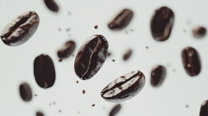 Multiple coffee beans captured in mid-air, frozen against a bright, seamless white backdrop for a fresh, energetic shot.
