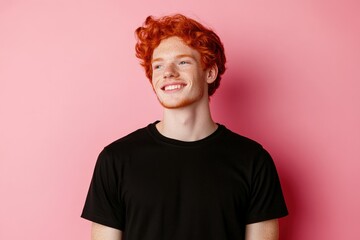 A bright and joyful young man with curly red hair beams with happiness, embodying a spirit of optimism against a delightful pink background in this lively portrait.