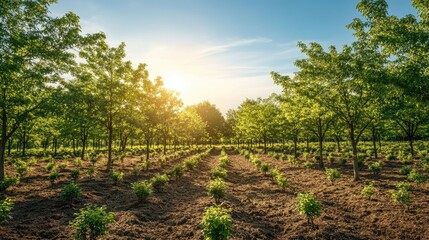 An elegant shot of a newly reforested area with rows of young trees growing, with sunlight filtering through the leaves and a clear, blue sky above.
