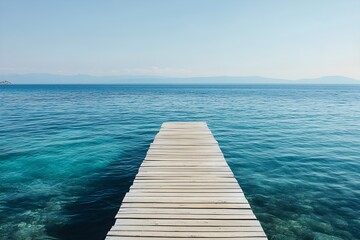 Obraz premium Sunlit pier extending into the calm sea with clear skies and gentle waves.