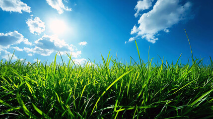 Obraz premium Vibrant Green Grass Field Under a Sunny Blue Sky: A Serene Nature Landscape