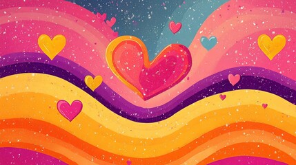 Groovy lovely backgrounds for Valentine's Day with funky pattern and texture in retro 60s and 70s cartoon style.