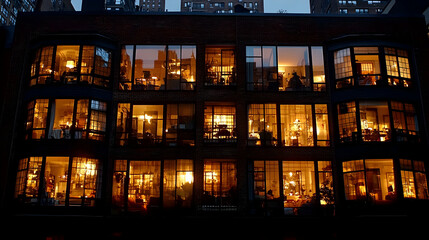 Illuminated apartment building at night, showing various rooms and activities within.