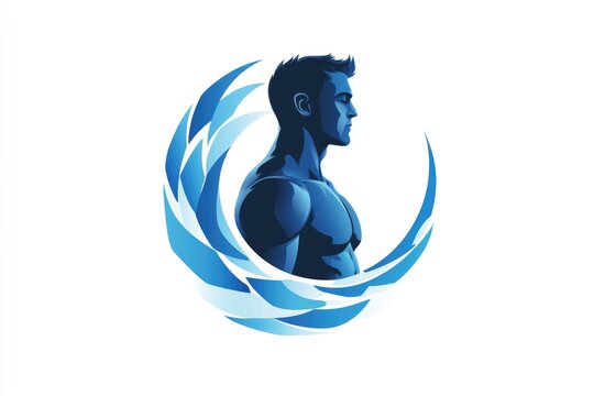 A muscular figure stands confidently in profile, embraced by flowing blue waves that enhance the sense of movement and vitality. The design exudes strength and dynamism