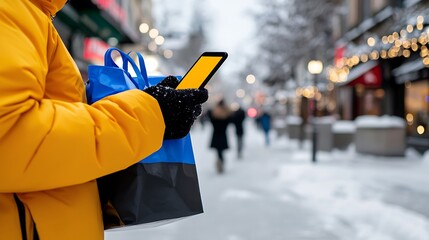 Person in yellow winter coat holds shopping bags and smartphone on snowy city street.
