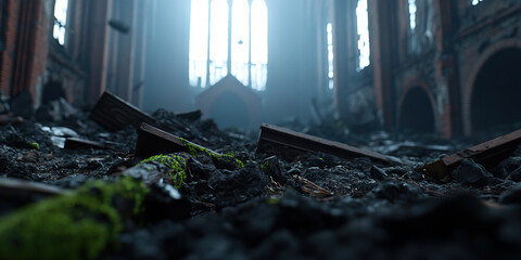 Debris and Moss in a Ruined Church Interior