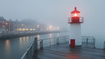 A lighthouse pierces the dense mist with its red light, guiding ships safely in the fog while creating an ethereal harbor scene.