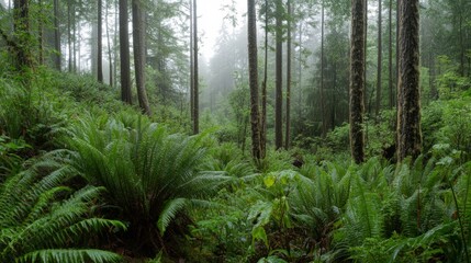 Mist envelops a tranquil forest setting, where tall trees rise above a lush undergrowth of vibrant ferns, exuding serenity and mystery.