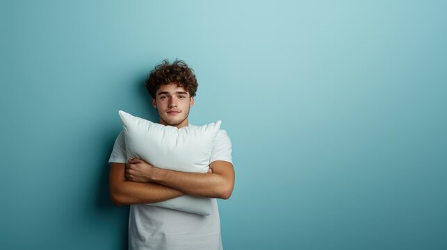 World Sleep Day with young smile woman holding soft pillow against light blue background. Copy space