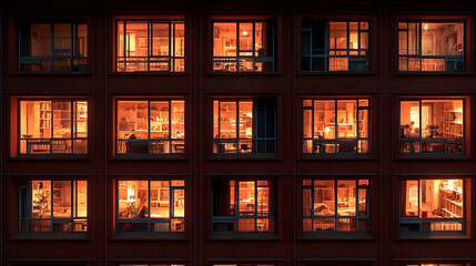 Illuminated windows in apartment building at night.