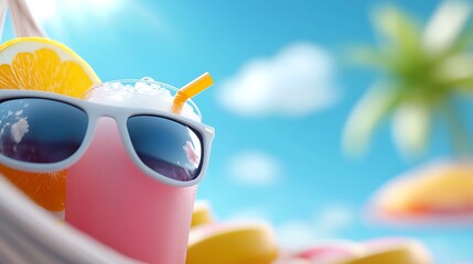Pink summer cocktail with sunglasses in hammock, tropical beach background.