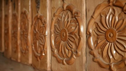 Naklejka premium Intricate floral wood carvings on wooden panels.