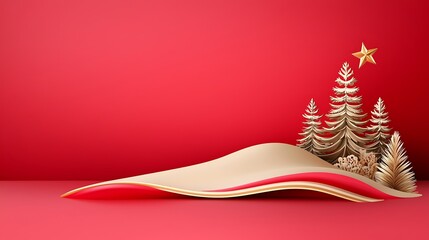 Red background with gold Christmas trees, star, and beige wavy paper.