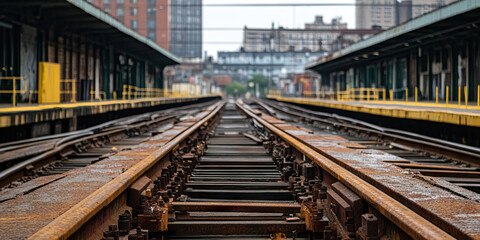 Fototapeta premium Rusty Train Tracks and City Train Platforms