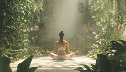 A yoga studio background for this high-quality photographic style image. High quality, natural lighting, gorgeous girl smiling and meditating, minimalistic style