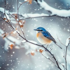 Bluebird perched on snowy branch in winter wonderland