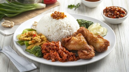 Delicious Asian Cuisine: Fried Chicken, Rice, and Vegetables
