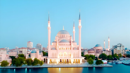 Fototapeta premium Majestic pink mosque at twilight, reflecting in calm water, surrounded by city.