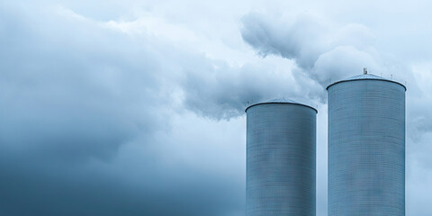 Obraz premium Industrial Cooling Towers and Steam Emission Under Cloudy Sky
