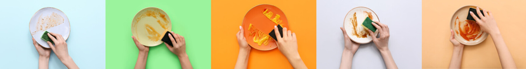 Set of many hands washing dirty plates on color background