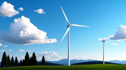 Fototapeta premium Two wind turbines on a green field with mountains and blue sky.