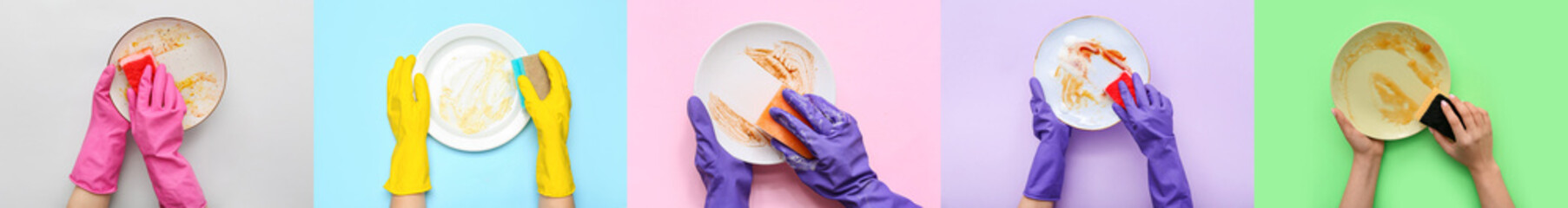 Set of many hands washing dirty plates on color background