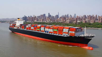 Fototapeta premium Container Ship on the Hudson River, NYC Skyline in Background