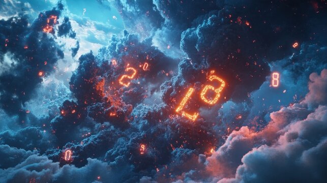 Fiery Digital Storm: Numbers Emblaze Celestial Cloudscape