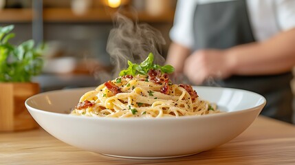 Steaming pasta carbonara, restaurant kitchen
