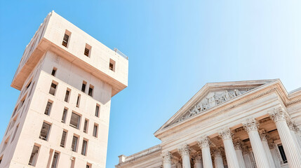 Fototapeta premium Modern and classical architecture contrast under a clear blue sky.