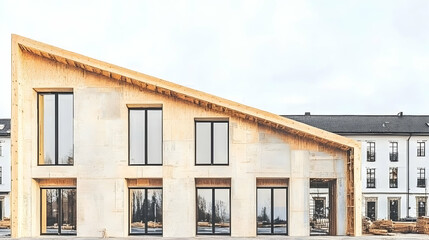 Obraz premium Modern, angular building with large windows and exposed wood frame.