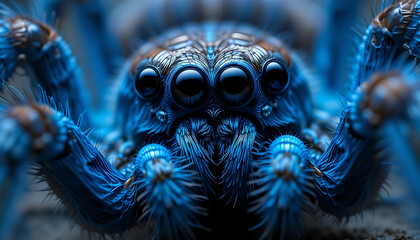 Close-Up Macro of a Blue Jumping Spider's Intricate Features and Hair Details. Generative AI