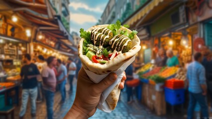 Naklejka premium Hand Holding a Falafel Wrap at a Street Food Market
