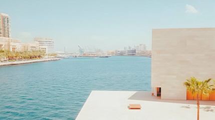 Obraz premium Modern architecture by waterfront, city skyline view.
