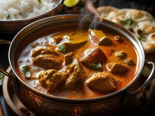 Steaming Bowl of Butter Chicken with Rice and Naan Bread