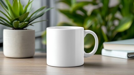 White mug on wooden desk near plants and books.