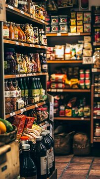 Shelves filled with various food products in a cozy local grocery store