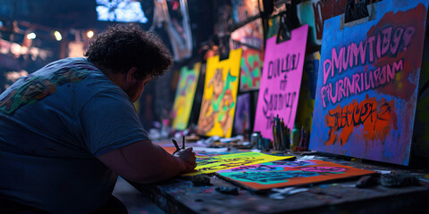 Obraz premium Person Painting Graffiti-Style Artwork in a Studio
