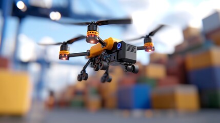 Yellow drone flying over cargo containers at a port.