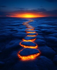 Obraz premium Pathway with glowing steps leading toward a shining horizon, symbolizing persistence.
