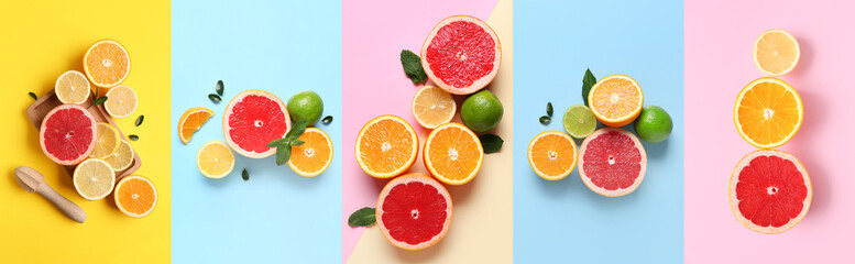 Set of different citrus fruits on color background, top view