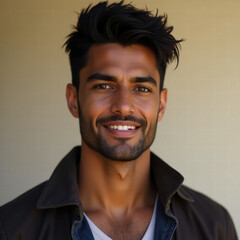 Obraz premium A handsome man with dark hair and a jacket smiles confidently, radiating approachability and casual charm