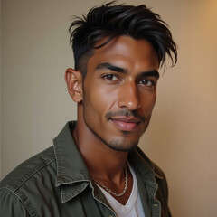 Obraz premium A handsome man with dark hair and a jacket smiles confidently, radiating approachability and casual charm
