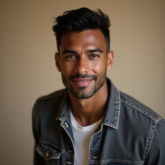Obraz premium A handsome man with dark hair and a jacket smiles confidently, radiating approachability and casual charm